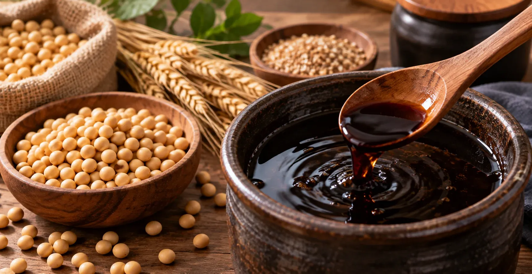 Wooden spoon stirring a dark liquid with soybeans and wheat stalks
