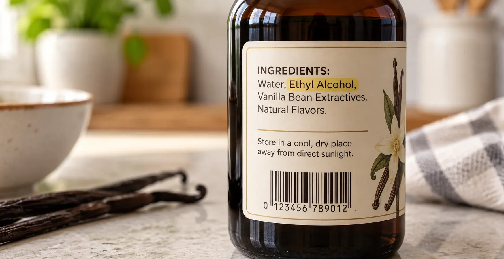 Generic vanilla extract ingredient label showing ethyl alcohol listed among the contents